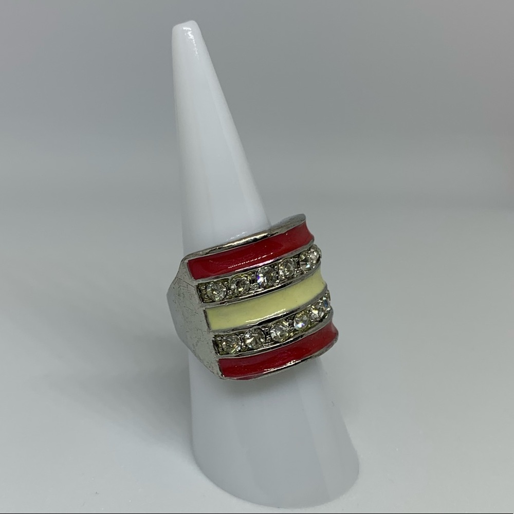 NEW Silver w Dark Red Cream Enamel Lacquer Rhinestone Ring